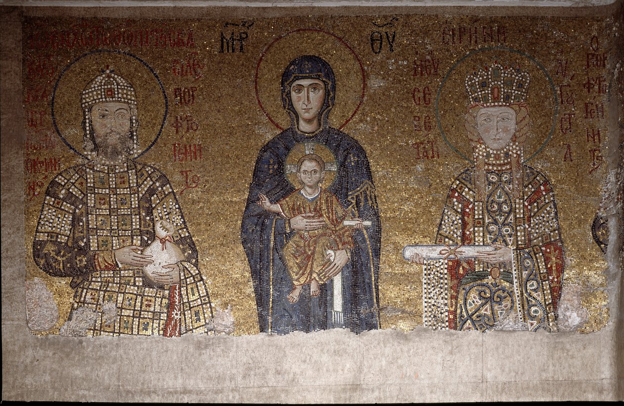 Dziewica siedząca między Janem II Komnenosem a jego żoną Ireną Węgierską (Mozaika, VI wiek) autorstwa Anthemius of and Miletus Isidore of Tralles