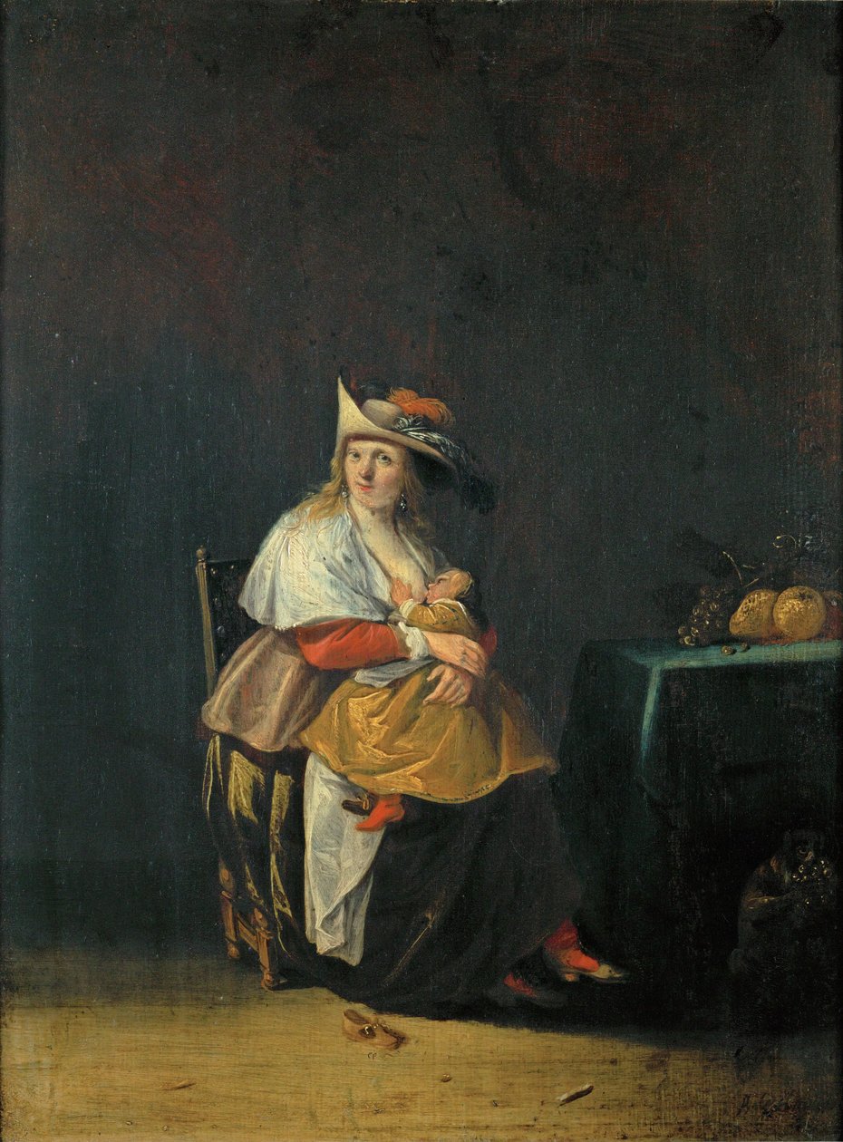 Pięć zmysłów: smak, kobieta karmiąca dziecko ... autorstwa Anthonie (1601-73) Palamedesz