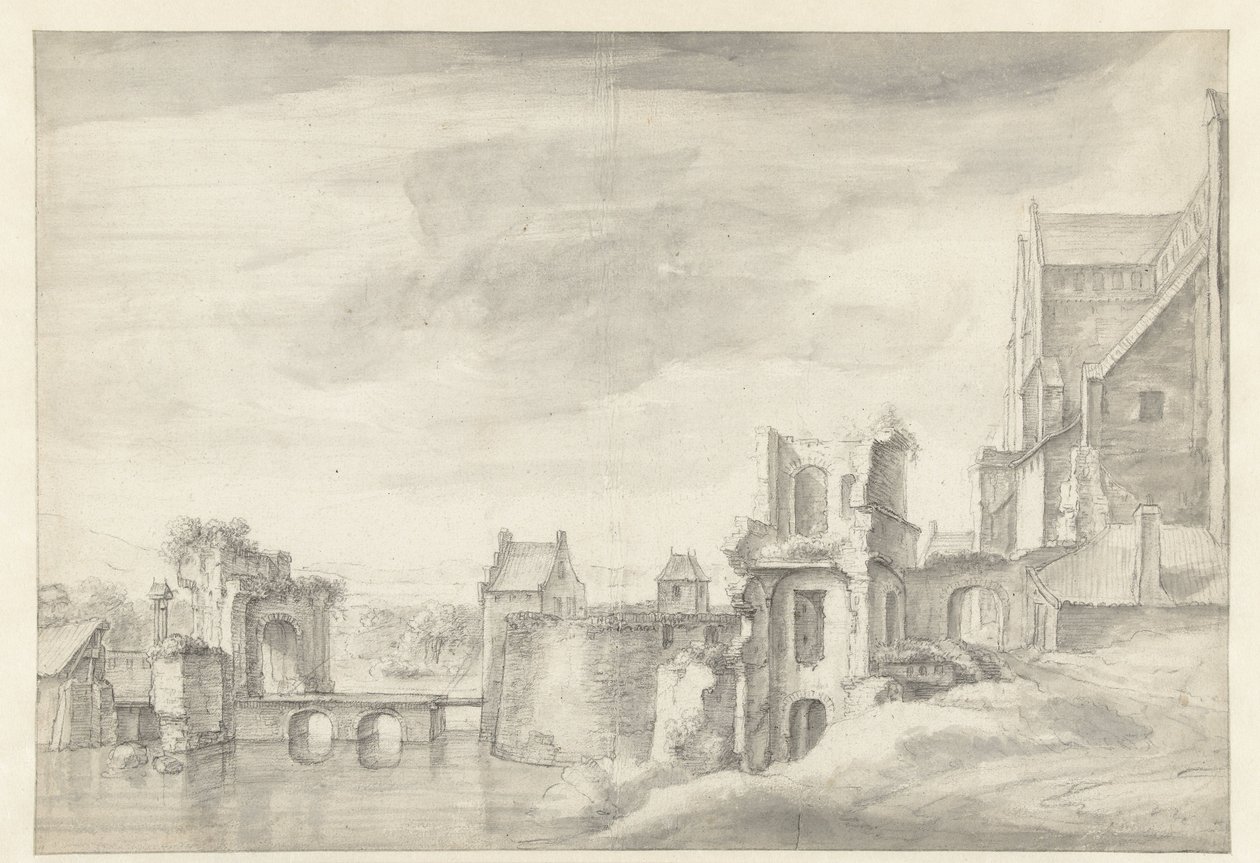 Widok ruin na brzegu rzeki (St. Walburgkerk w Arnhem?) autorstwa Anthonie Waterloo