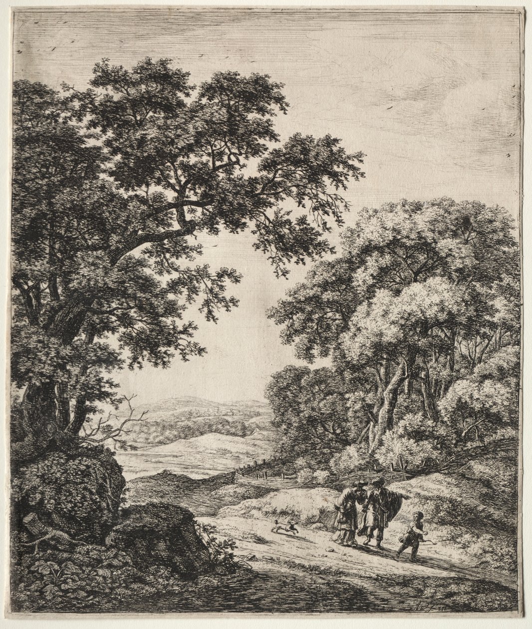 Sześć dużych pionowych krajobrazów ze scenami ze Starego Testamentu: Abraham odprawiający Hagar i Ismael autorstwa Anthonie Waterloo
