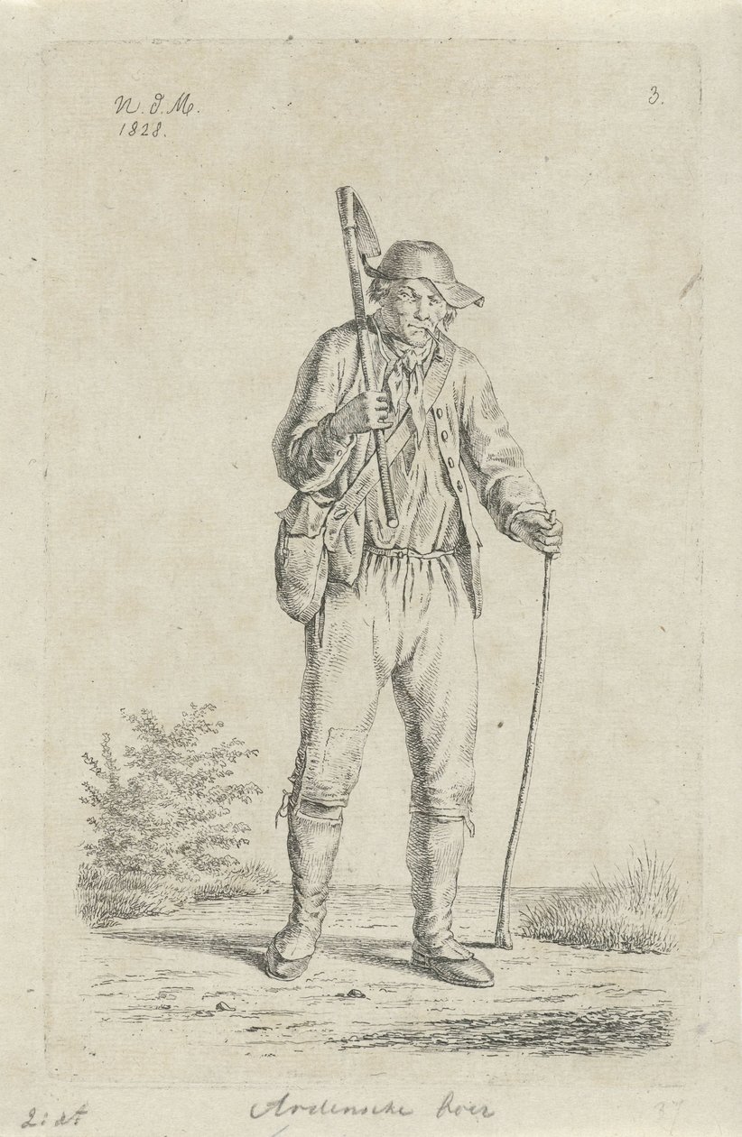 Rolnik z Ardenów z motyką Rolnik z Ardenów (tytuł na obiekcie) Rolnicy i kobiety rolnicy z Wielkiej Brytanii (tytuł serii) autorstwa Anthonie Willem Hendrik Nolthenius de Man