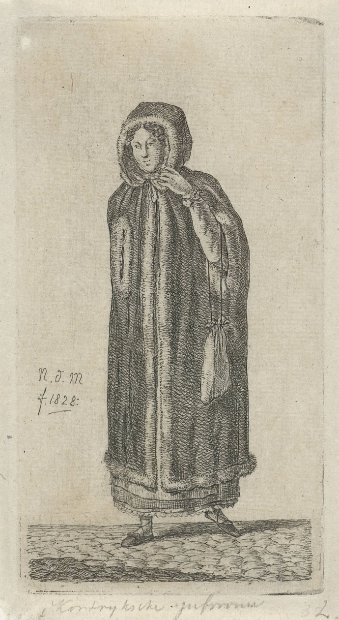 Kobieta w płaszczu Kortrijk Miss (tytuł na obiekcie) 12 figurek do nauki (tytuł serii) autorstwa Anthonie Willem Hendrik Nolthenius de Man