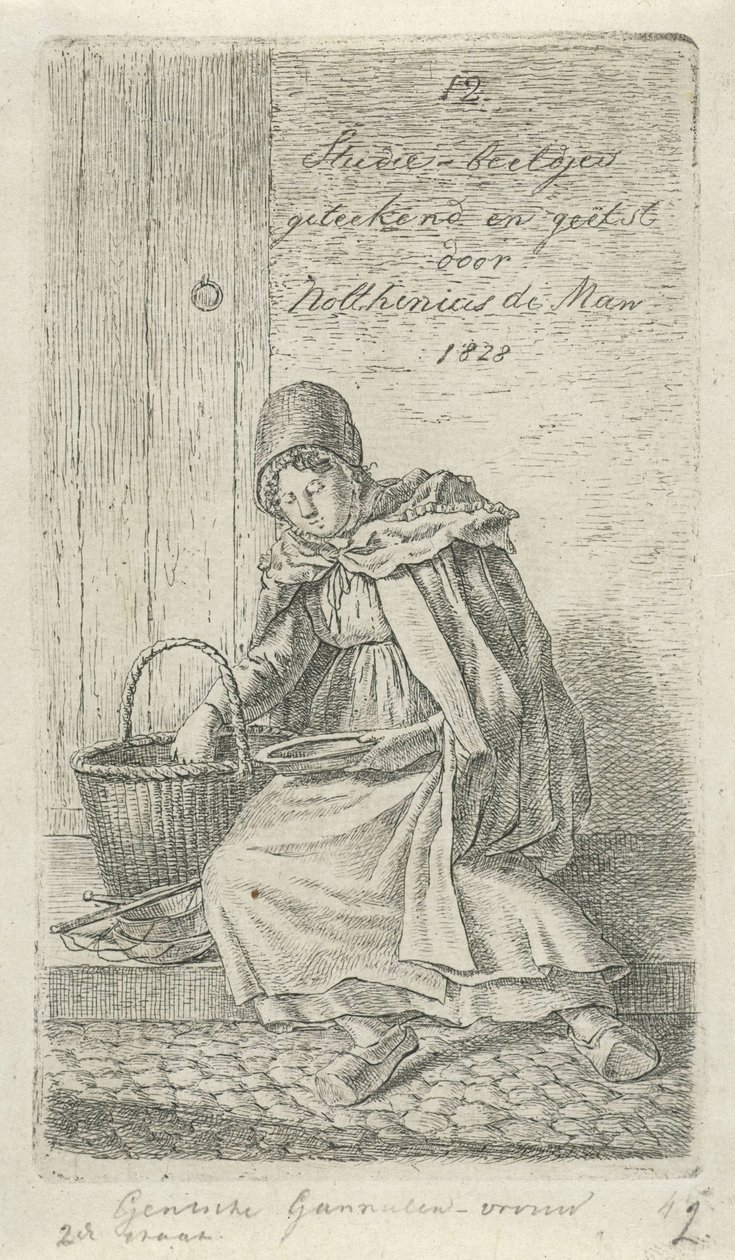 Siedząca kobieta z koszem i talerzem Gentsche Shrimp kobieta (tytuł na obiekcie) 12 figurek do nauki (tytuł serii) autorstwa Anthonie Willem Hendrik Nolthenius de Man