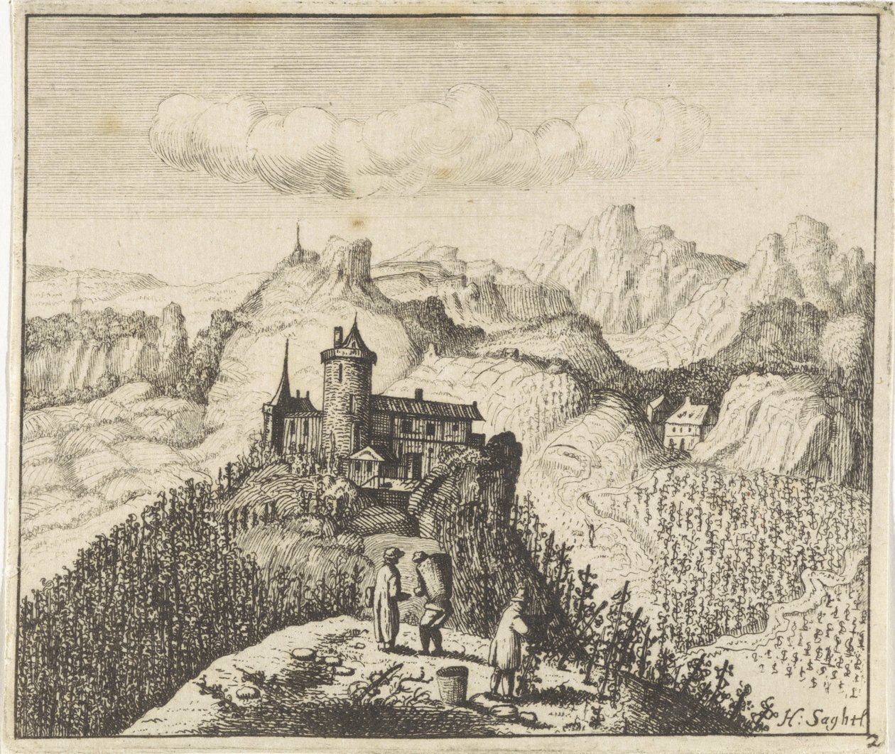 Górzysty krajobraz ze zbieraczami winogron autorstwa Anthonie de Winter (attributed to)