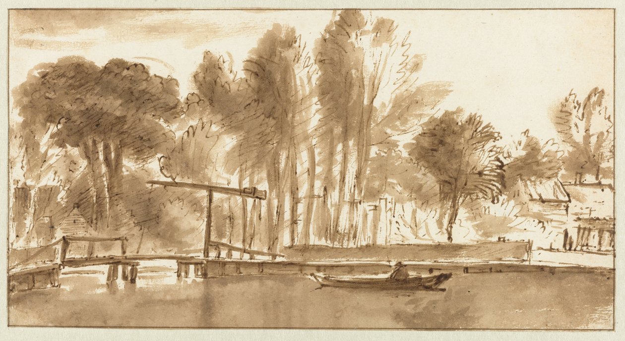 Zalesiony krajobraz rzeki z mostem zwodzonym autorstwa Anthonie van Borssom (attributed to)