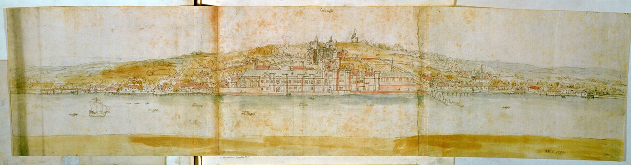 Pałac Greenwich z północnego brzegu Tamizy, ok. 1544 (pióro, tusz i wc na papierze) autorstwa Anthonis van den Wyngaerde
