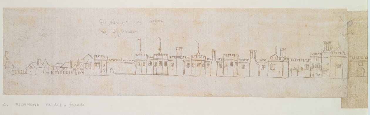 Ściana zewnętrzna pałacu Richmond, XVI w. (pióro i atrament na papierze) autorstwa Anthonis van den Wyngaerde