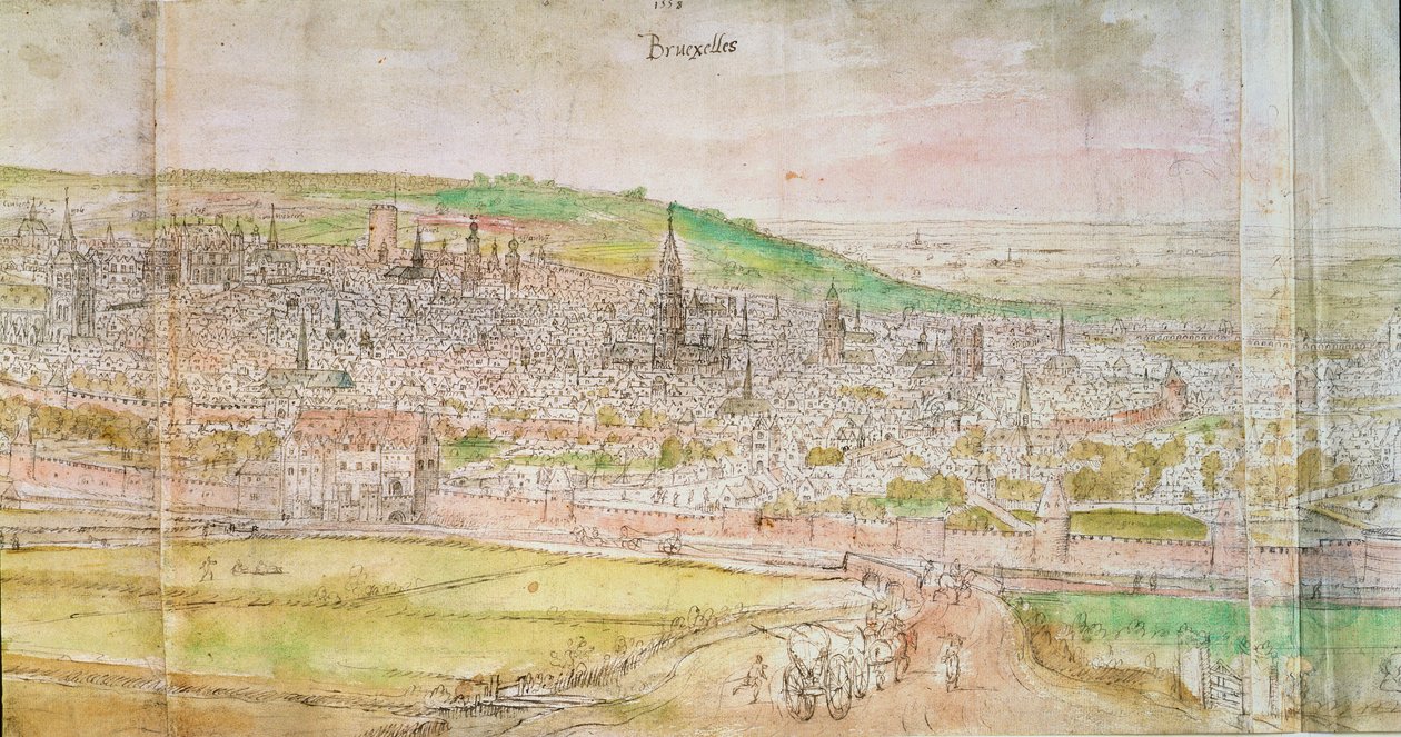 Panoramiczny widok Brukseli, XVI w. (pióro i atrament i toaleta na papierze) autorstwa Anthonis van den Wyngaerde