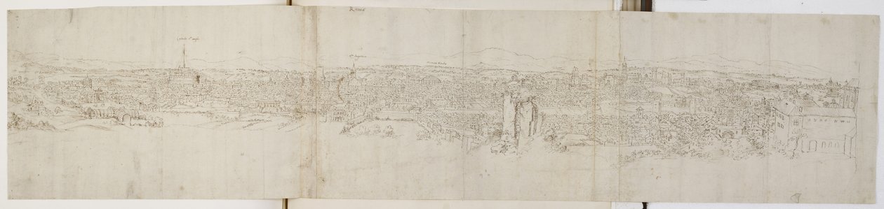 Panoramiczny widok na Rzym z Monte Janiculus (pióro i brązowy tusz na czarnej kredzie) autorstwa Anthonis van den Wyngaerde