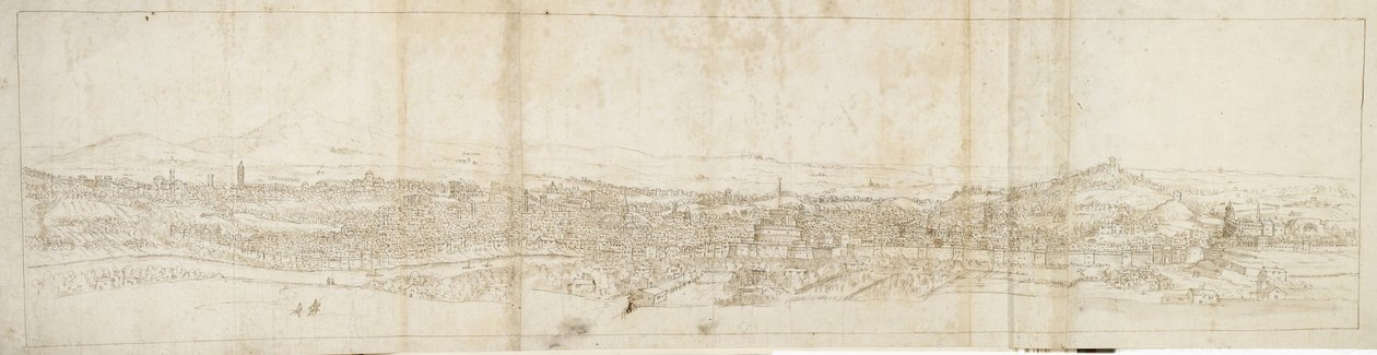 Panoramiczny widok na Rzym z Monte Mario, Castel S. Angelo na pierwszym planie (pióro, brązowy tusz i brązowy wash na czarnej kredzie) autorstwa Anthonis van den Wyngaerde