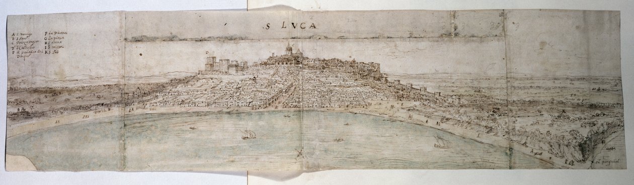 Panoramiczny widok na San Lucar de Barrameda i przyległe okolice od południowego zachodu (pióro i atrament i toaleta na papierze) autorstwa Anthonis van den Wyngaerde