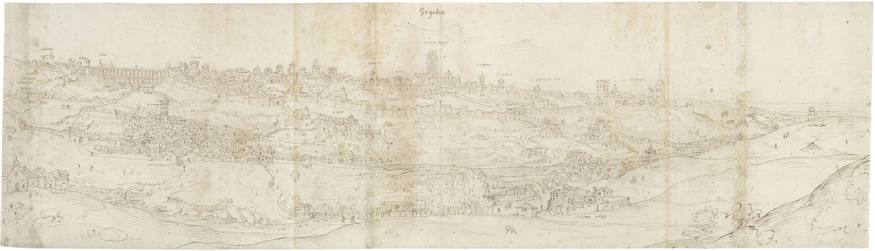 Panoramiczny widok Segowii od wschodu (pióro i brązowy tusz z akcentami niebieskiego rozmycia na czarnej kredzie) autorstwa Anthonis van den Wyngaerde
