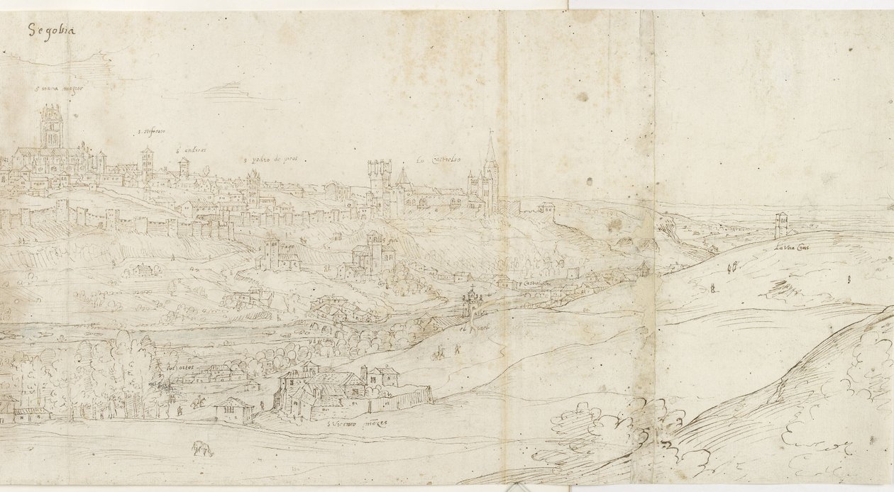 Panoramiczny widok Segowii od wschodu (pióro i brązowy tusz z domieszką niebieskiej farby na czarnej kredzie) autorstwa Anthonis van den Wyngaerde