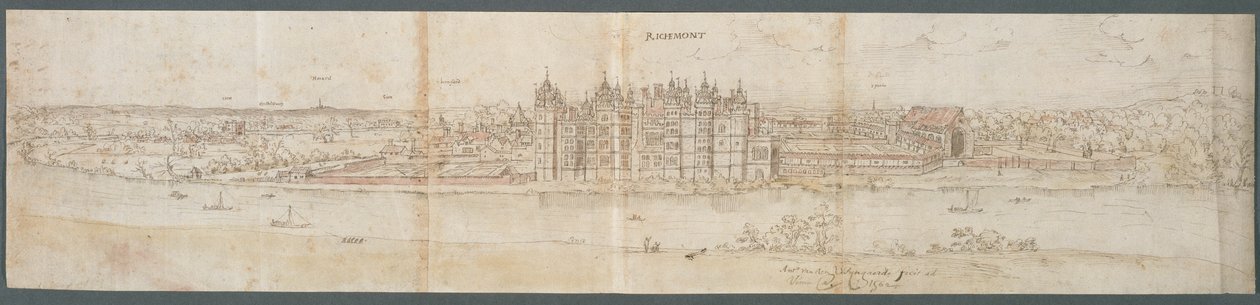 Pałac Richmond zza Tamizy, 1562 (pióro, atrament i toaleta na papierze) autorstwa Anthonis van den Wyngaerde