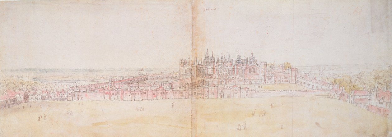 Pałac Richmond od północnego wschodu, XVI w. (pióro, tusz i wc na papierze) autorstwa Anthonis van den Wyngaerde