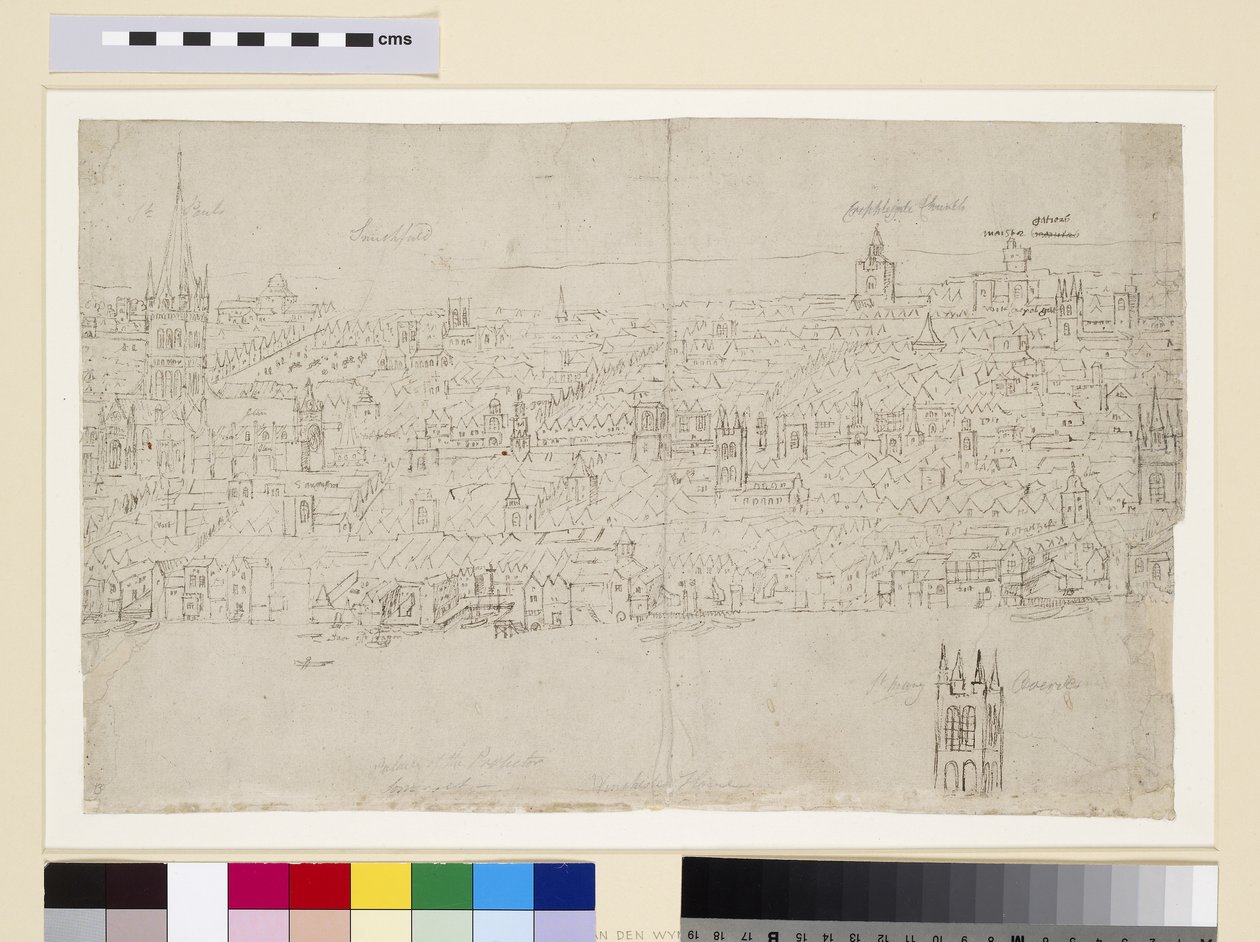 Katedra św. Pawła, z „Panorama Londynu”, ok. 1544 (pióro i atrament i ołówek na papierze) autorstwa Anthonis van den Wyngaerde