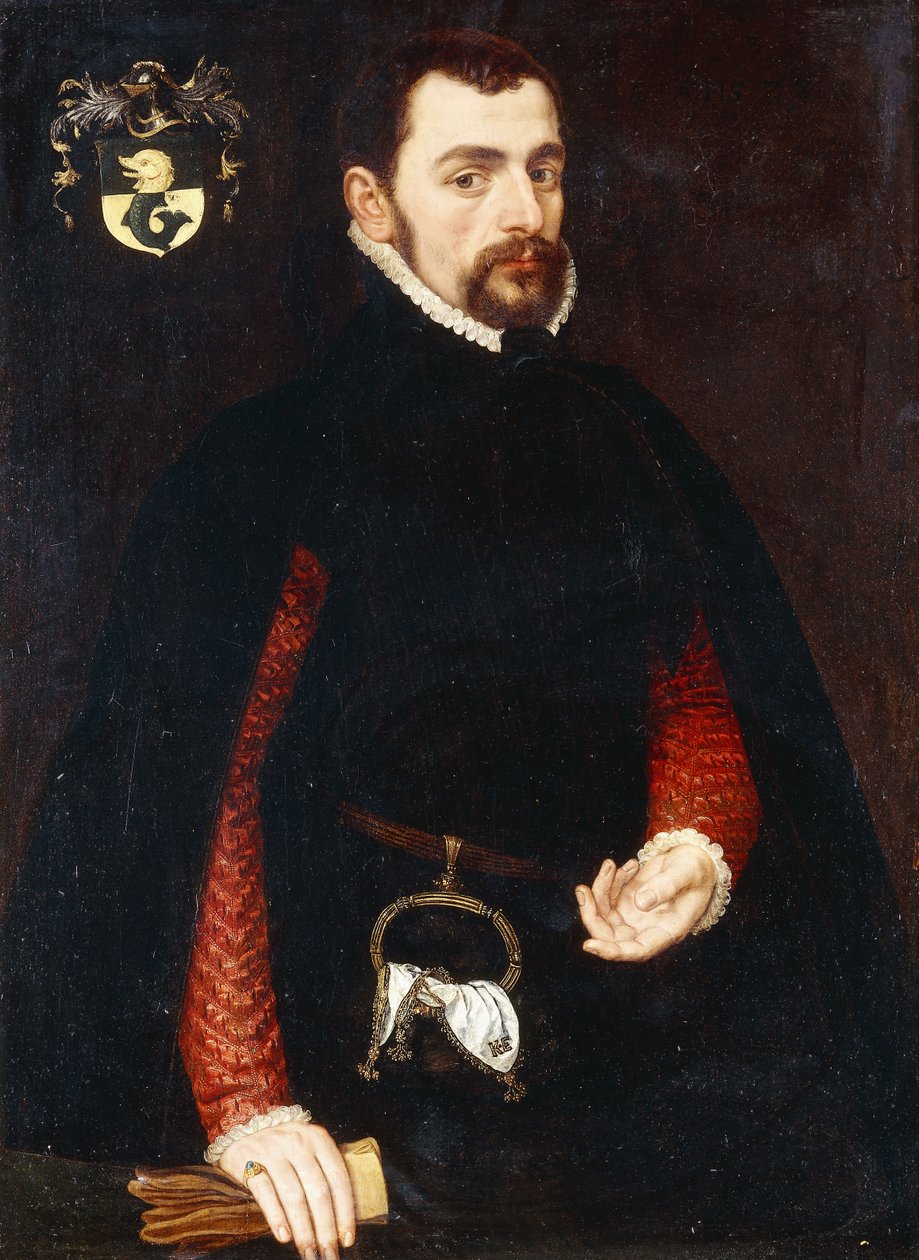 Portret dżentelmena lat 28, długości 3/4, w czarnym kaftanie z czerwonymi rękawami i czarną peleryną, z torebką i chusteczką wyhaftowanymi inicjałami "K, 1563" autorstwa Anthonis van Dashorst Mor