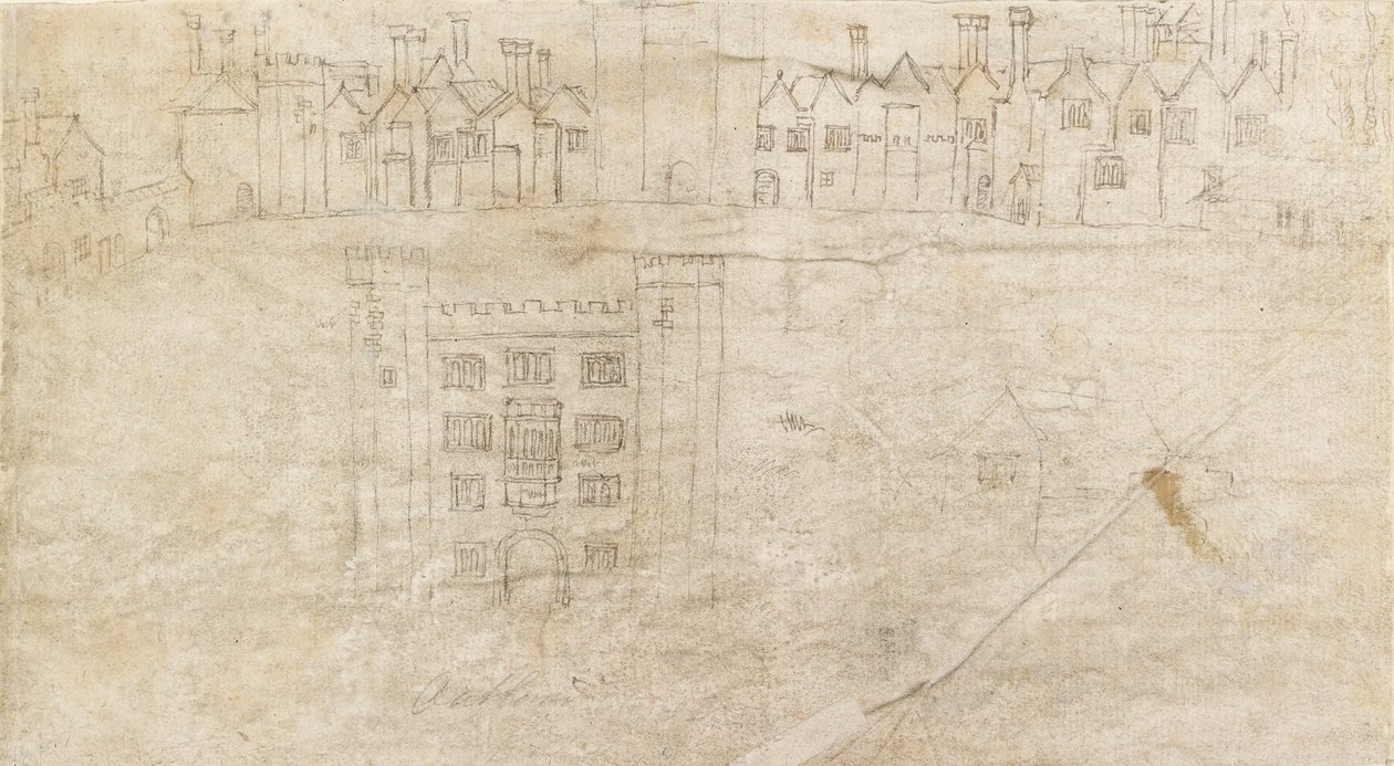Budynki wzdłuż południowego frontu Pałacu Oatlands, ok. 1550 r. autorstwa Anthonis van den Wyngaerde