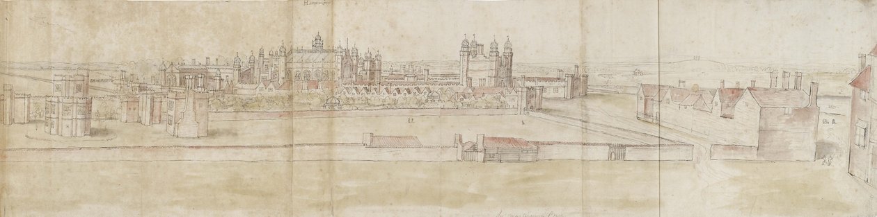 Pałac Hampton Court z Północy (pióro i brązowy tusz oraz akwarela na słabych oznaczeniach czarną kredą) autorstwa Anthonis van den Wyngaerde