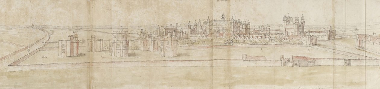 Pałac Hampton Court z Północy (pióro i brązowy tusz oraz akwarela na słabych oznaczeniach czarną kredą) autorstwa Anthonis van den Wyngaerde
