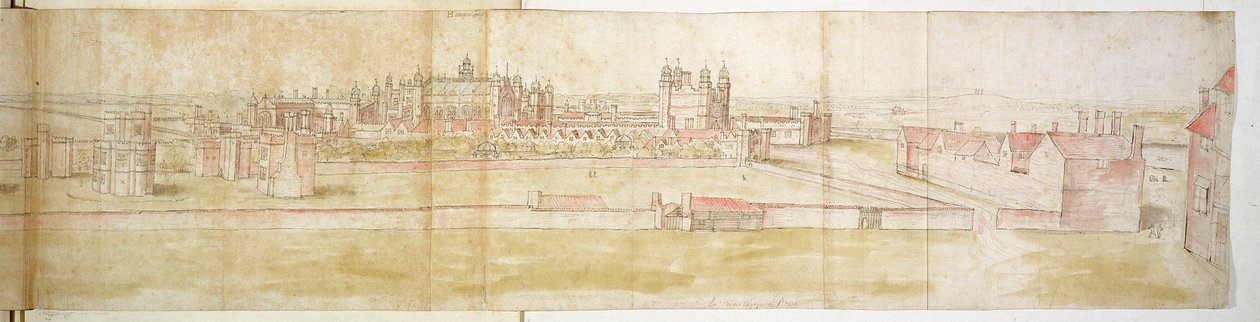 Pałac Hampton Court z północy, ok. 1544 (pióro, atrament i toaleta na papierze) autorstwa Anthonis van den Wyngaerde