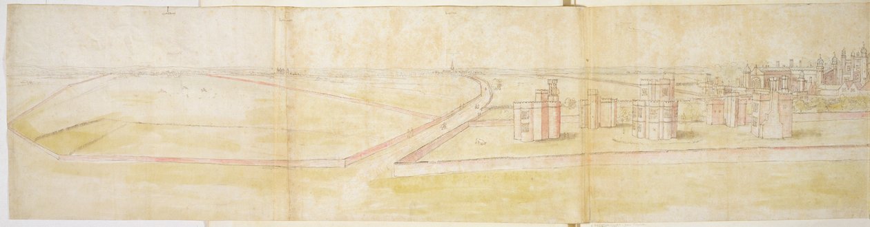 Pałac Hampton Court z północy, ok. 1544 (pióro, atrament i toaleta na papierze) autorstwa Anthonis van den Wyngaerde