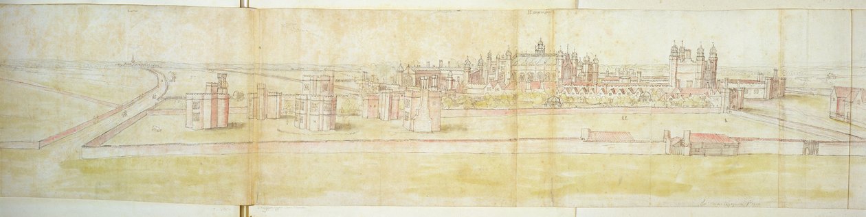 Pałac Hampton Court z północy, ok. 1544 (pióro, atrament i toaleta na papierze) autorstwa Anthonis van den Wyngaerde