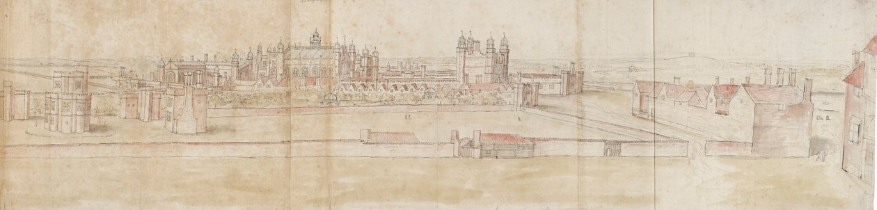 Pałac Hampton Court od strony północnej, ok. 1550-1560 autorstwa Anthonis van den Wyngaerde