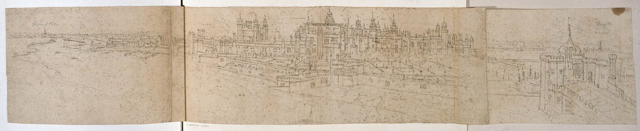 Pałac Hampton Court z rzeki, ok. 1544 (pióro i atrament na papierze) autorstwa Anthonis van den Wyngaerde