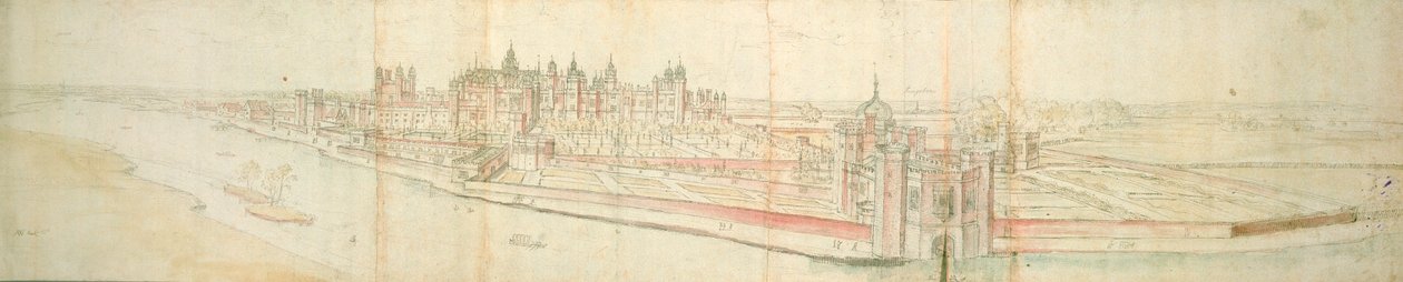 Pałac Hampton Court od rzeki, ok. 1544 (pióro, atrament i toaleta na papierze) autorstwa Anthonis van den Wyngaerde