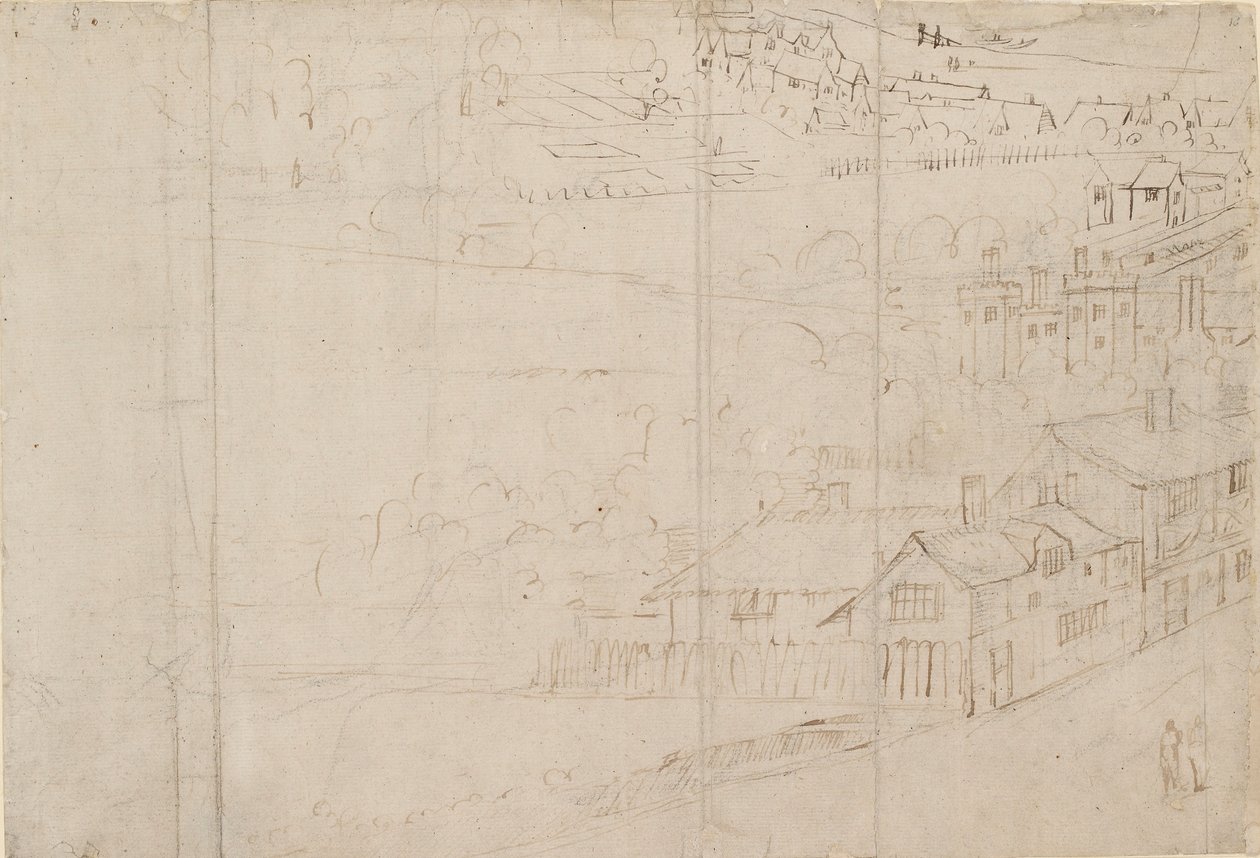 Panorama Londynu widziana z Southwark: Bankside, 1554 autorstwa Anthonis van den Wyngaerde