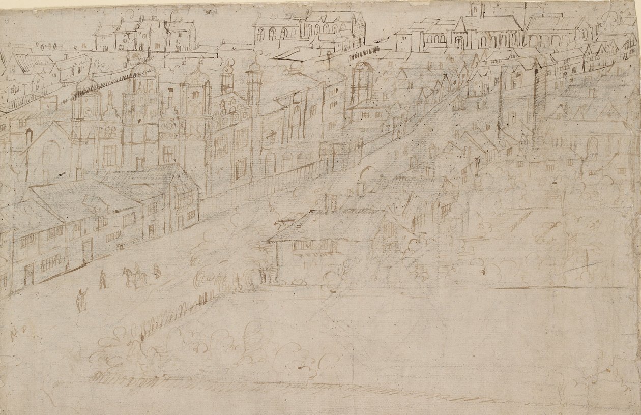 Panorama Londynu widziana z Southwark: Borough High Street z St Mary Overy, 1554 autorstwa Anthonis van den Wyngaerde