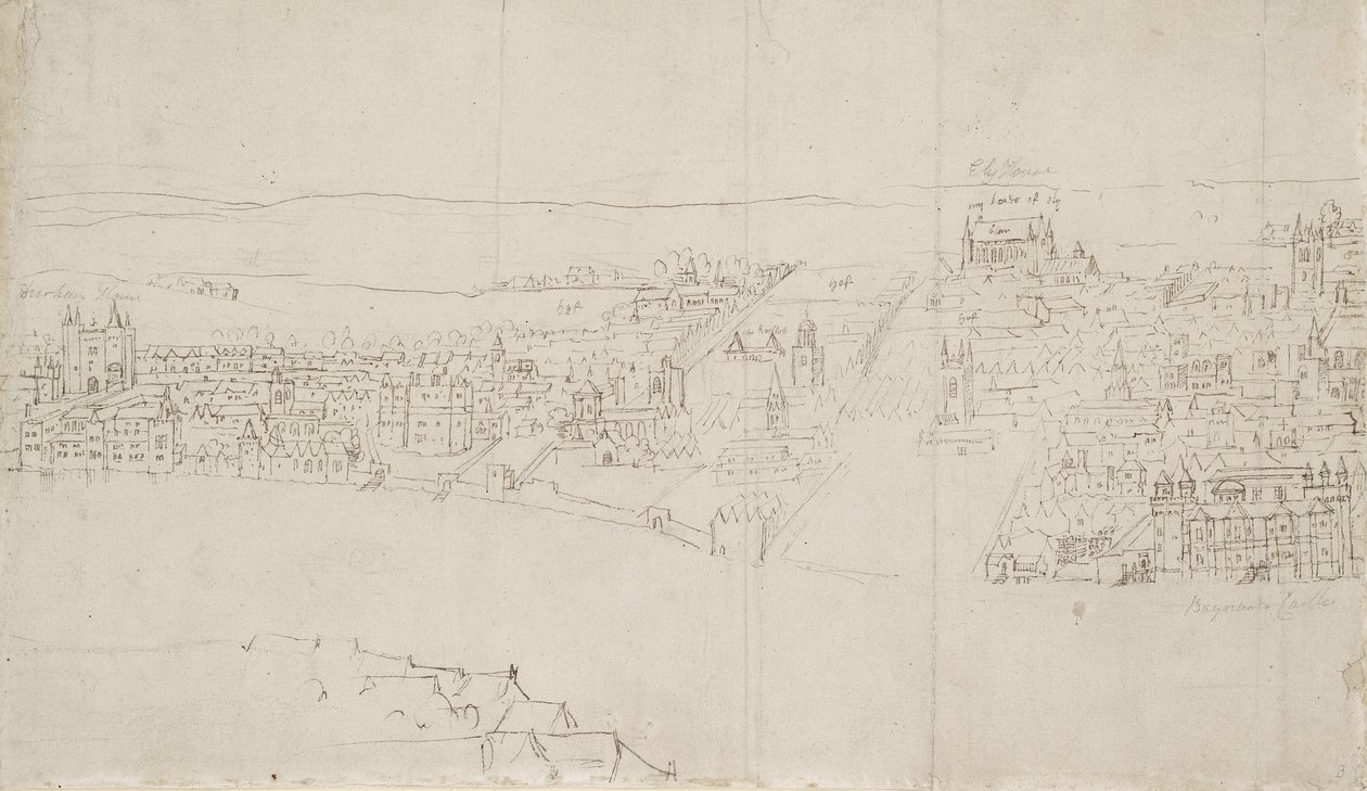 Panorama Londynu widziana z Southwark: Durham House do Barnards Castle (pióro, tusz i czarna kreda na papierze) autorstwa Anthonis van den Wyngaerde