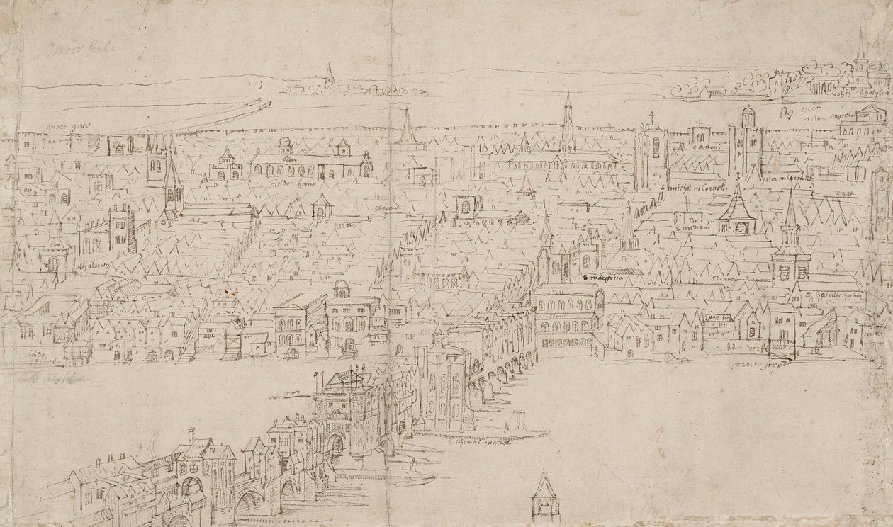 Panorama Londynu widziana z Southwark: London Bridge, 1554 autorstwa Anthonis van den Wyngaerde