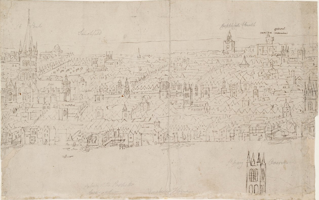 Panorama Londynu widziana z Southwark: Katedra św. Pawła, 1554 autorstwa Anthonis van den Wyngaerde