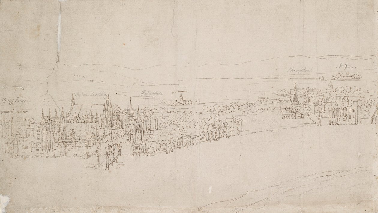 Panorama Londynu widziana z Southwark: Westminster, 1554 autorstwa Anthonis van den Wyngaerde