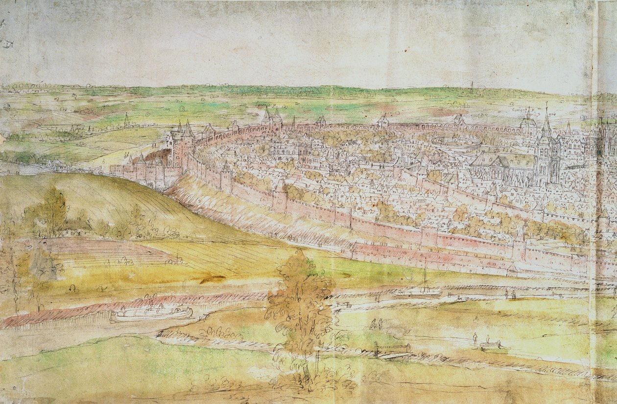 Panoramiczny widok Brukseli, XVI w. (pióro i atrament i toaleta na papierze) autorstwa Anthonis van den Wyngaerde