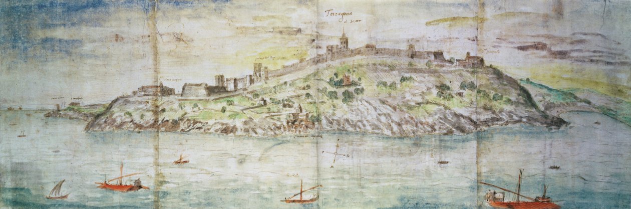 Panoramiczny widok na Tarragonę, Hiszpania (pióro i atrament i toaleta na papierze) autorstwa Anthonis van den Wyngaerde