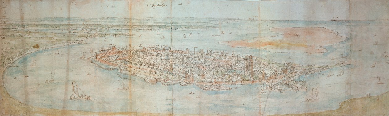 Panoramiczny widok na Dordrecht, widziany z wzniesienia na zachodzie autorstwa Anthonis van den Wyngaerde