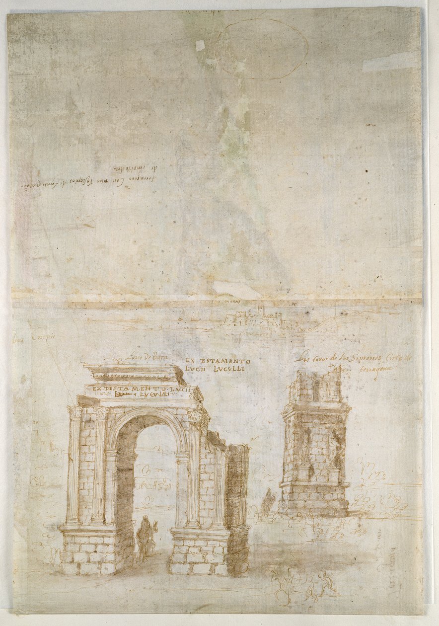 Recto: Panoramiczny widok na Tarragonę od południa (od strony morza) Verso: Szkice rzymskich ruin w Tarragonie i twierdzy autorstwa Anthonis van den Wyngaerde