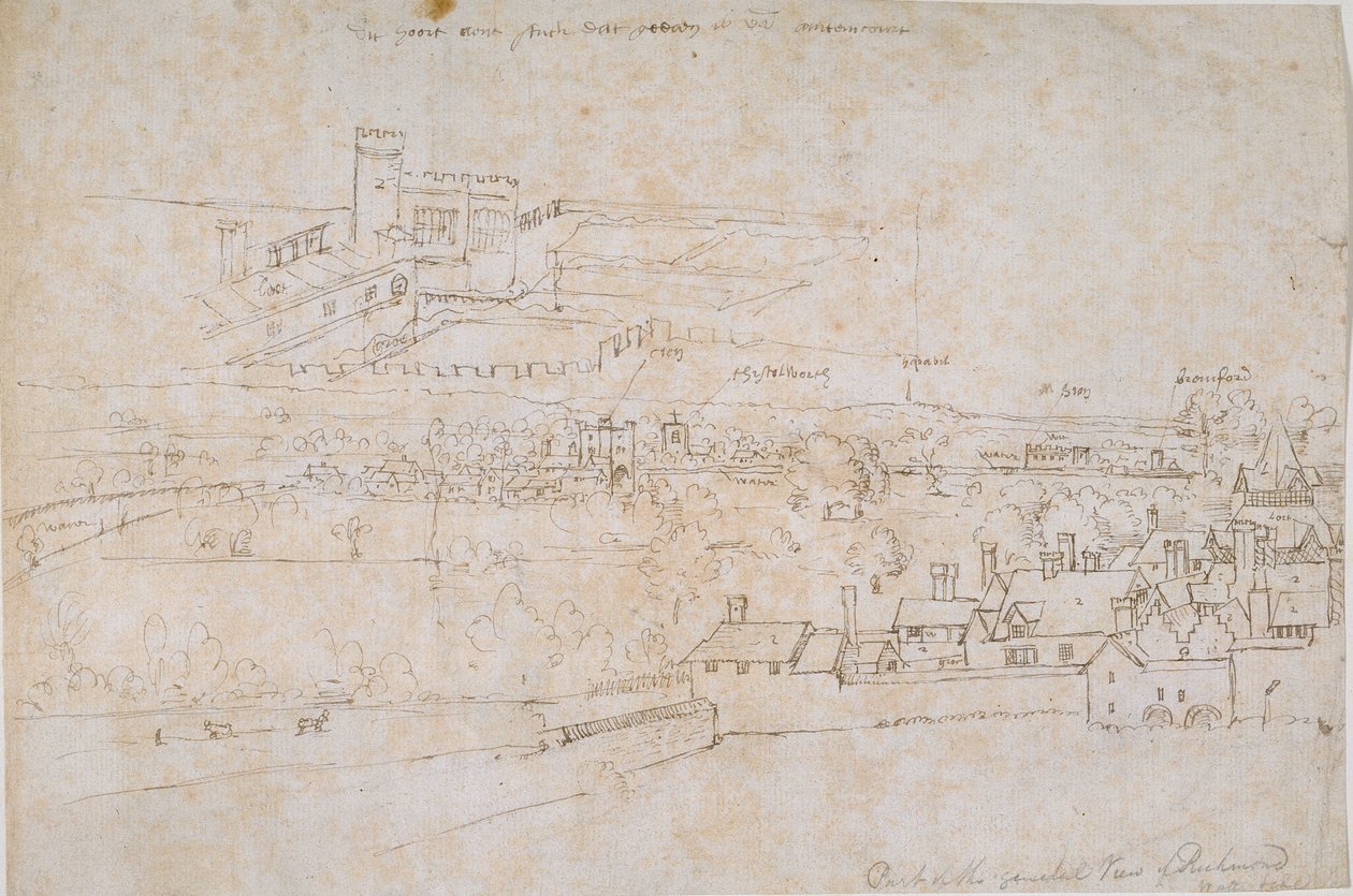Arkusz studiów pałaców w Hampton Court, Richmond i okolice, ok. 1560 roku. autorstwa Anthonis van den Wyngaerde