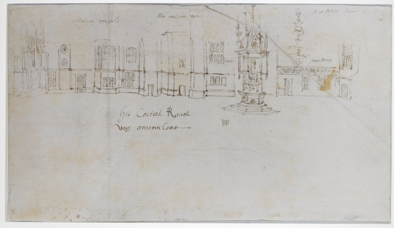 Fontanna, Pałac Hampton Court, ok. 1544 (pióro, tusz i ołówek na papierze) autorstwa Anthonis van den Wyngaerde