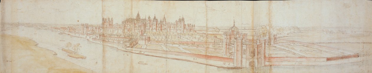 Widok pałacu Hampton Court od południa, z rzeką na pierwszym planie, 1558 autorstwa Anthonis van den Wyngaerde