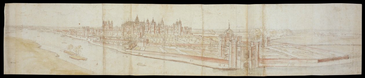 Widok pałacu Hampton Court od południa, z rzeką na pierwszym planie, 1558 (pióro i brązowy tusz oraz akwarele na czarnej kredzie) autorstwa Anthonis van den Wyngaerde