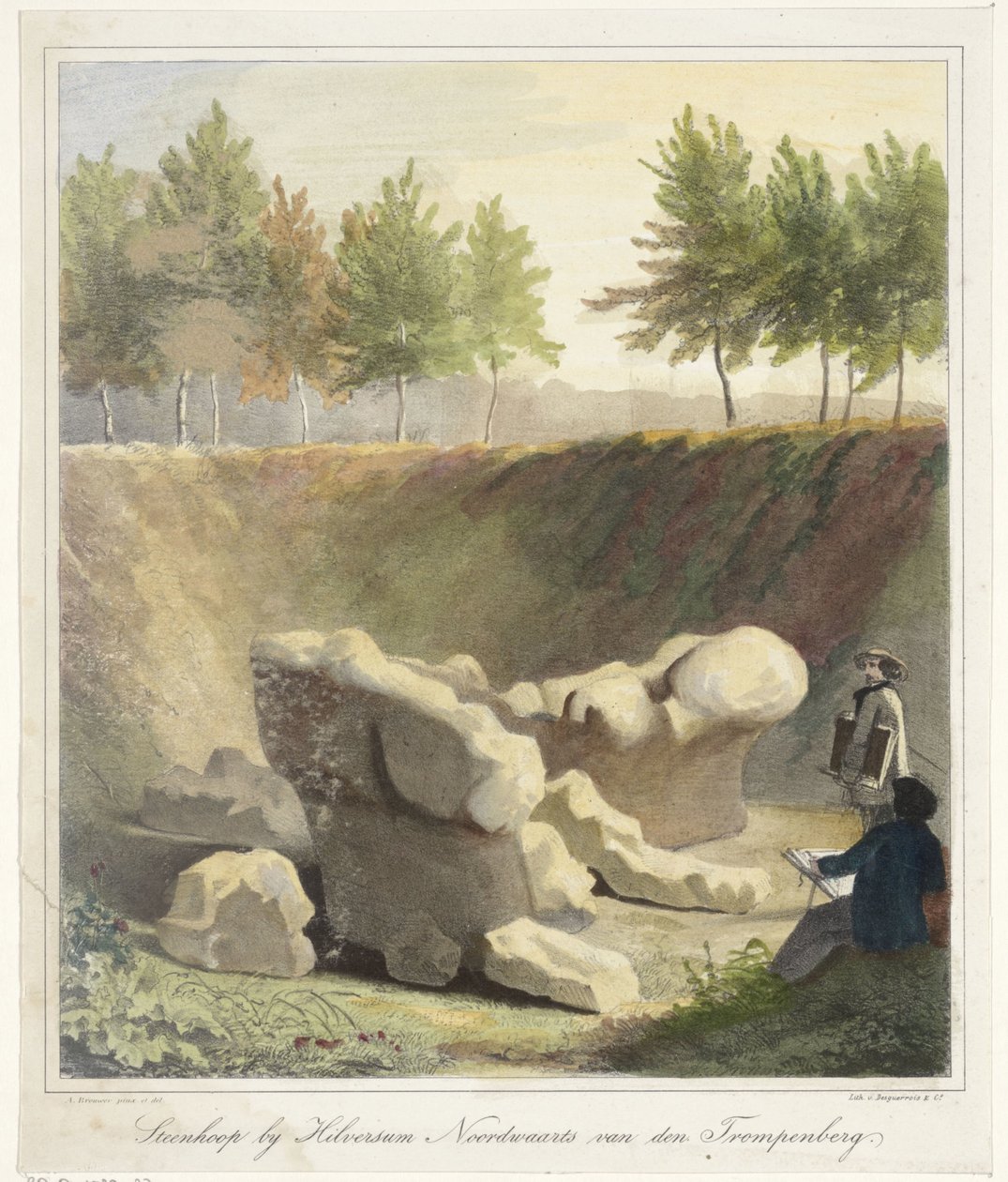 Ilustratorzy na wykopalisku archeologicznym Kopiec niedaleko Hilversum na północ van den Trompenberg (tytuł na obiekcie) autorstwa Anthonius Brouwer