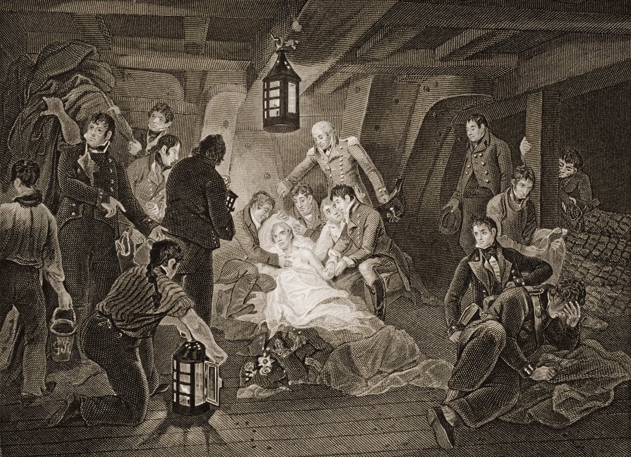 Śmierć Lorda Nelsona, ilustracja z „Bitwy Anglii na morzu i lądzie” Lieuta. płk Williams autorstwa Anthony Devis