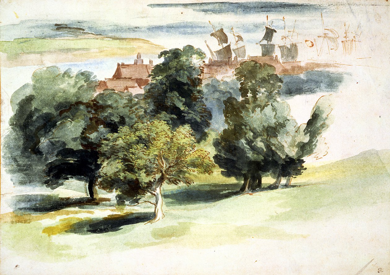 An English Landscape, ok. 1635-41 (toaleta, gwasz, długopis i atrament na papierze) autorstwa Anthony van Dyck
