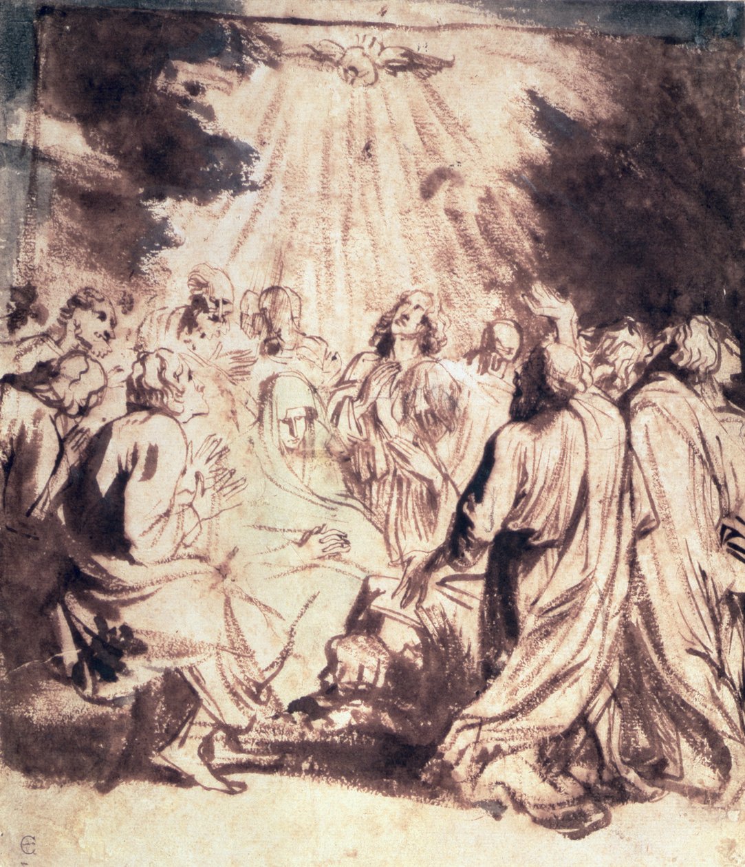 Zesłanie Ducha Świętego, 1620-1 (pióro i pędzel) autorstwa Anthony van Dyck