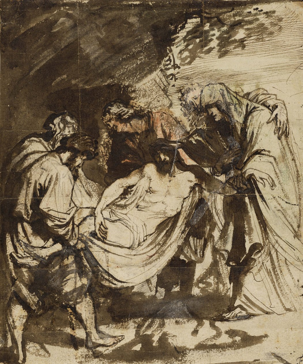 Złożenie do grobu (recto) (1617-1618) (czarna kreda, długopis i brązowy tusz, brązowo-czerwonawa lawa, czerwona i niebieska kreda oraz biały gwasz uwydatniający) autorstwa Anthony van Dyck