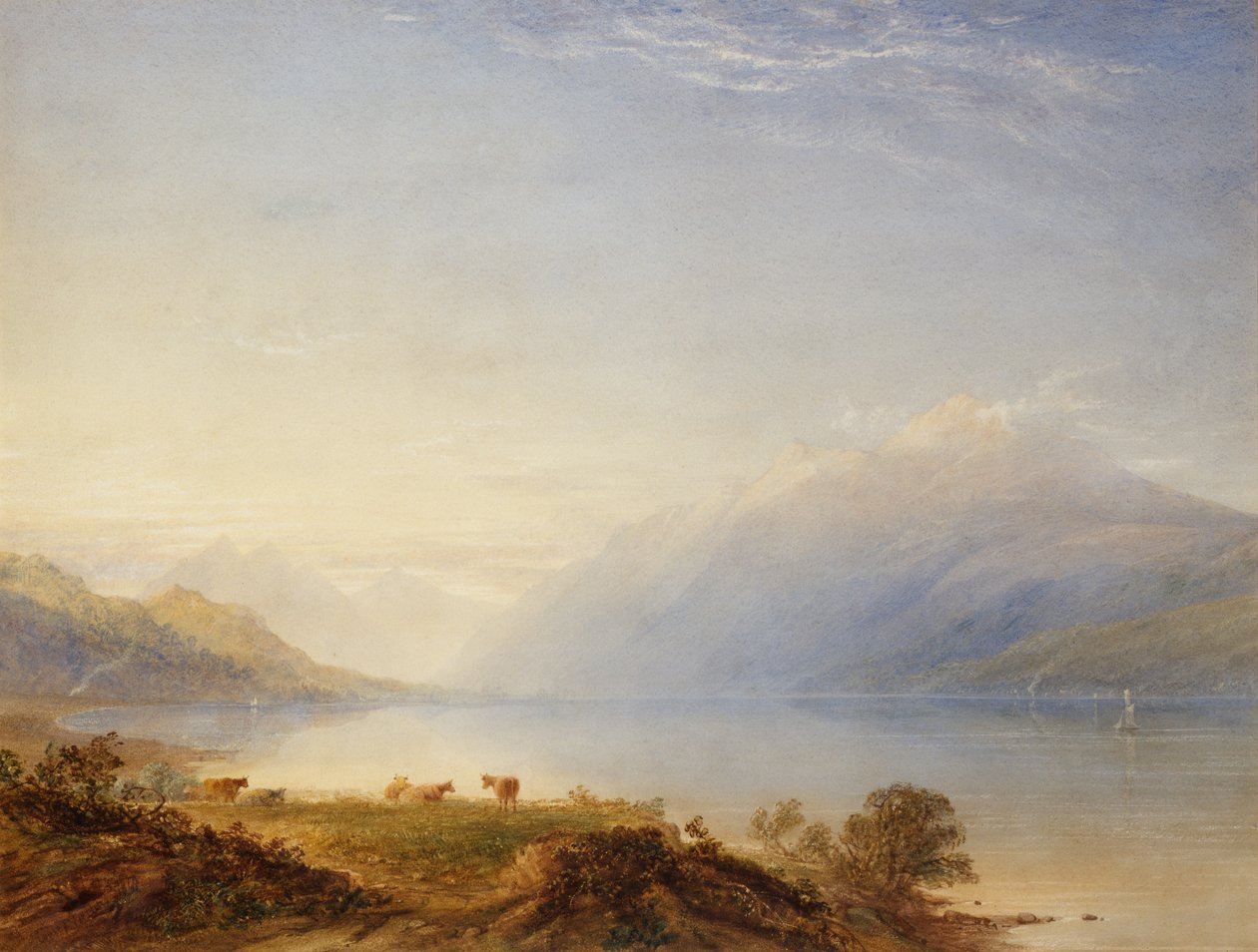 Bydło nad jeziorem z górami poza (akwarela) autorstwa Anthony Vandyke Copley Fielding